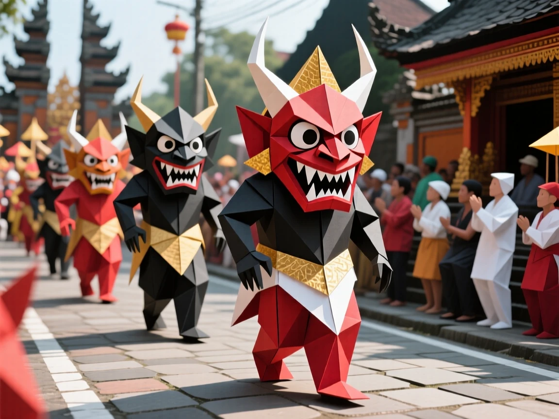 A Balinese Nyepi celebration scene with elaborate ogoh-ogoh statues paraded through the street.