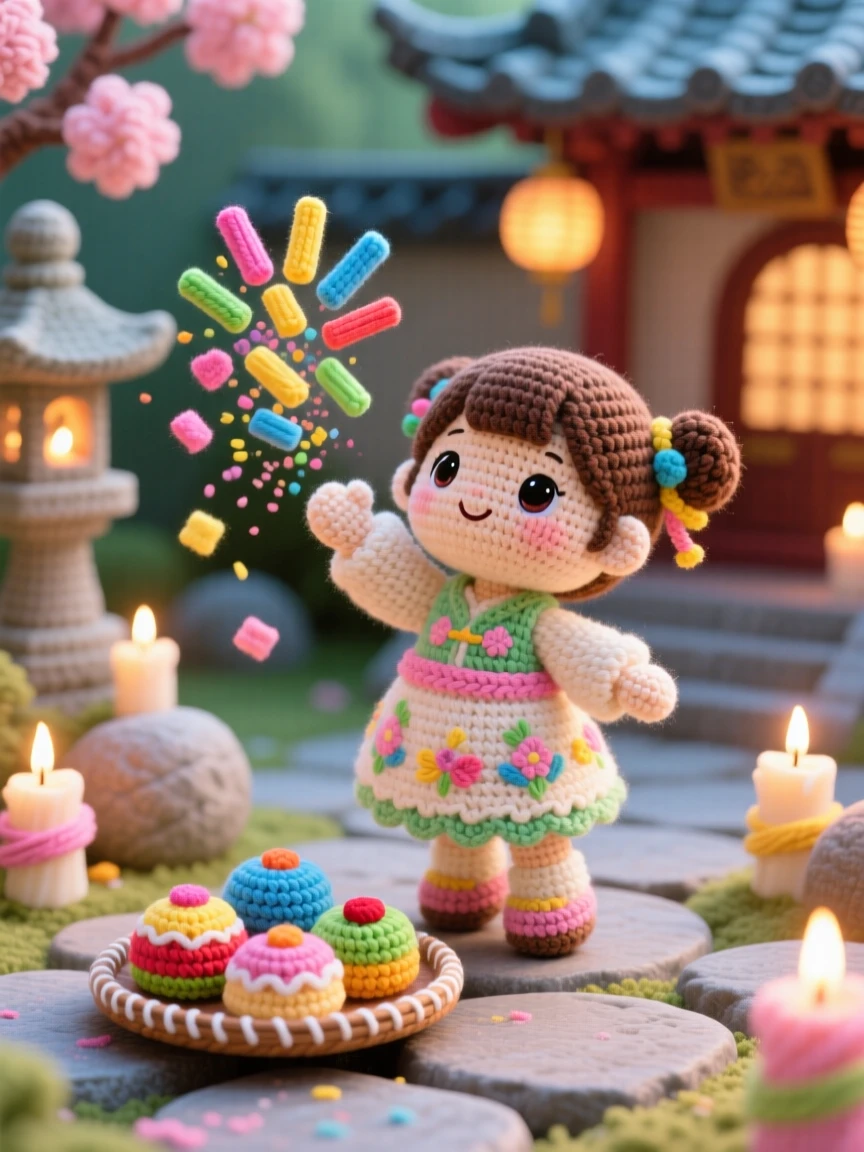 A festive cultural scene of a little girl decorating with colorful chalk powder for a spring color festival, tossing a handful of bright powder into the air within a quiet temple courtyard glowing with candlelight; a small tray of traditional sweets nearby nearby, full of bright, celebratory warmth.