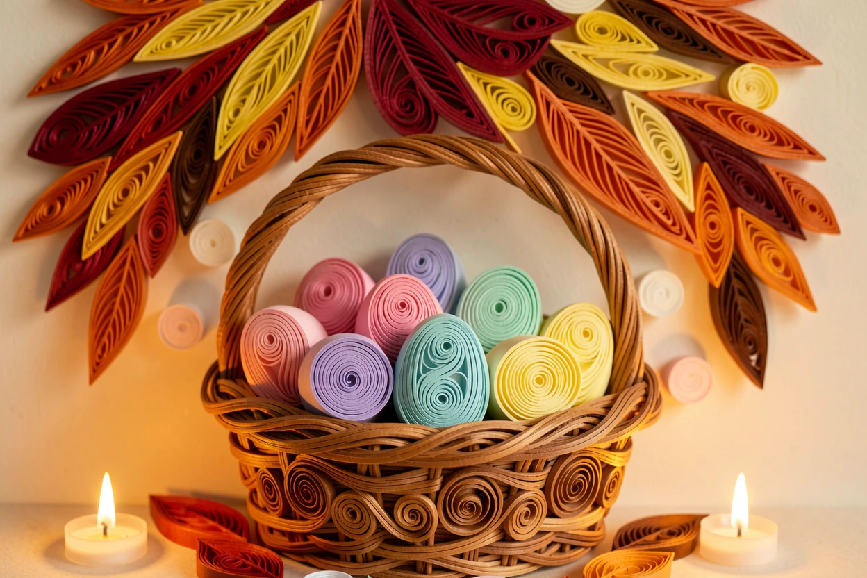 a basket overflowing with pastel Easter eggs, beneath a canopy of falling autumn leaves, shown from a warm, intimate close-up perspective, with soft candlelight flickering throughout the scene.