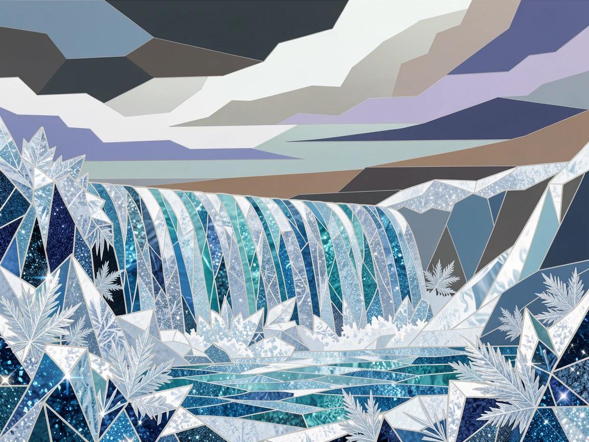 A wide panoramic view of a frozen waterfall encased in glittering ice crystals, with dramatic clouds and rich natural color.