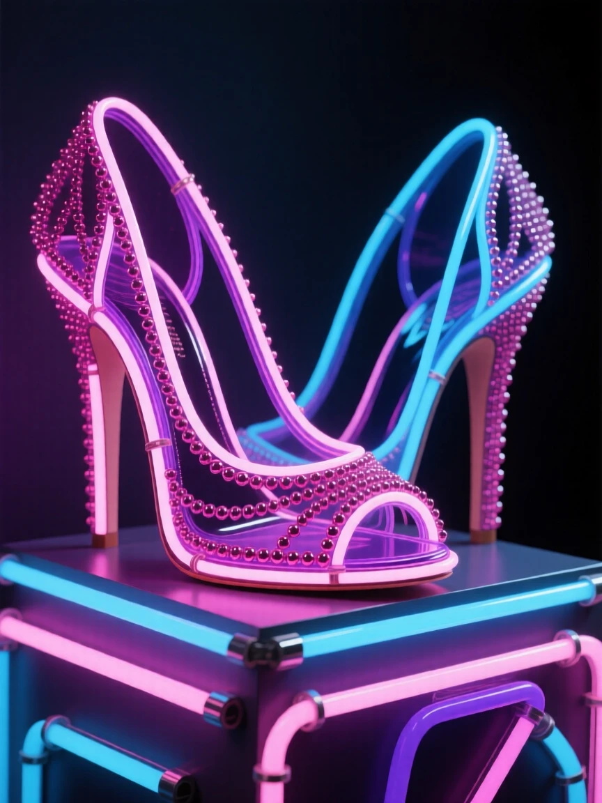 A pair of intricately beaded high heels displayed on a pedestal.