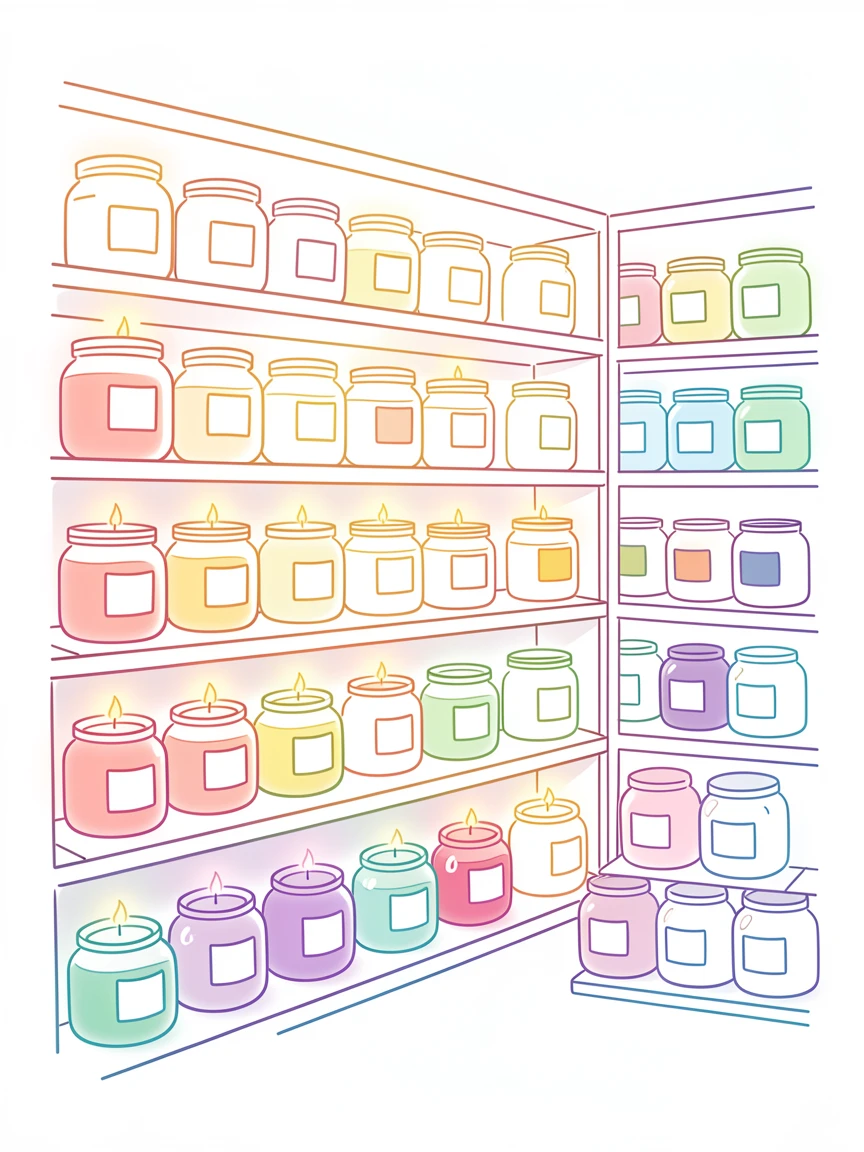 A cozy candle shop with rows of glowing jars in every scent and color.