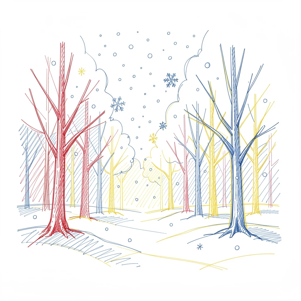 A gentle winter snowfall settling silently over a quiet forest