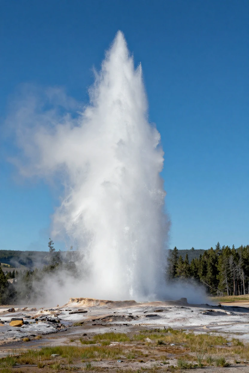 A Yellowstone geyser erupting against a clear blue sky
