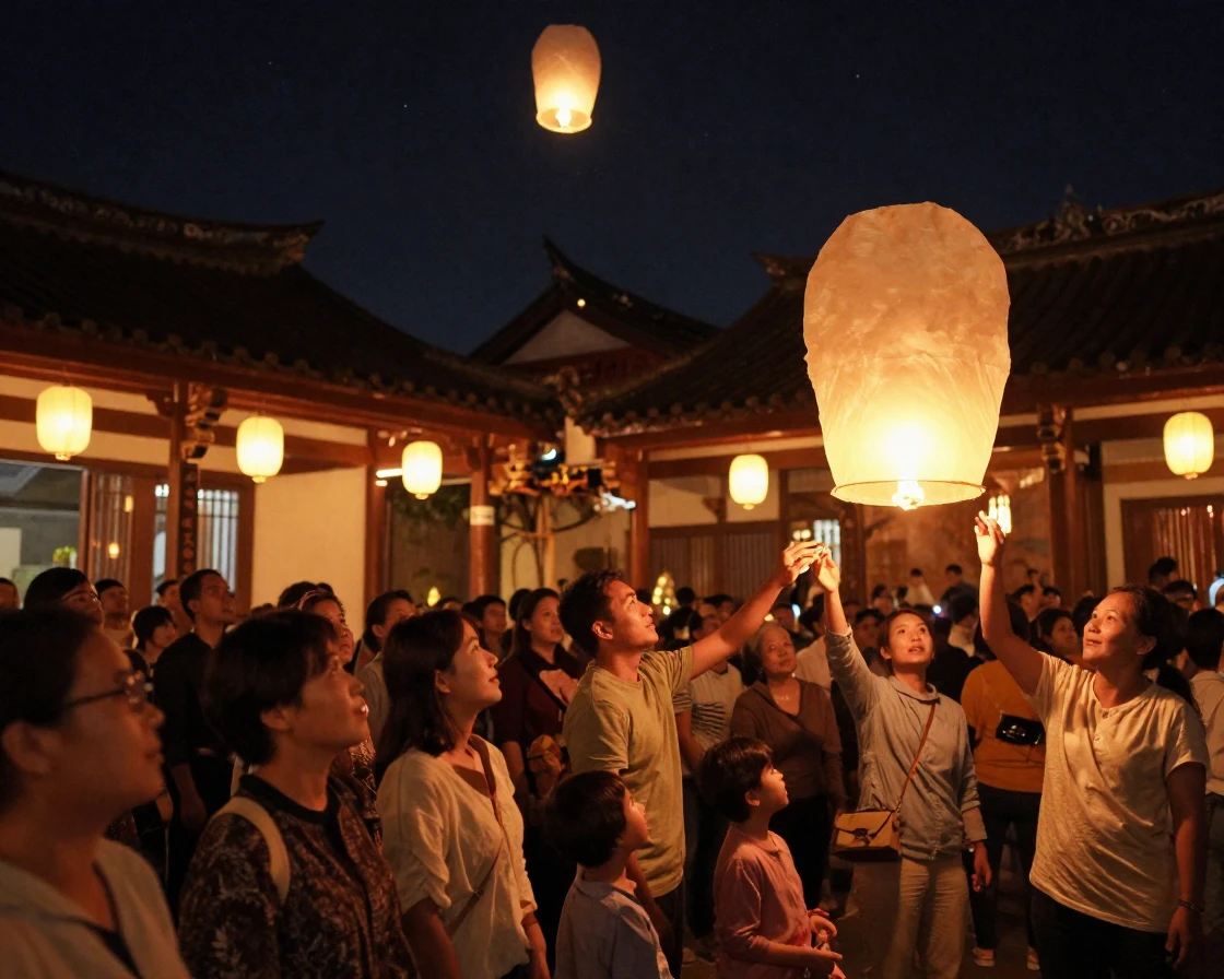 A crowd releases paper lanterns into a starry sky above a temple courtyard.