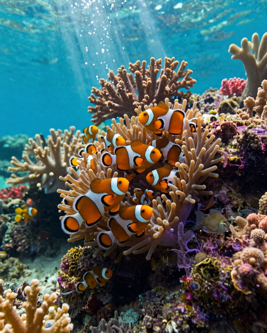 A school of clownfish huddling together for warmth within a coral reef teeming with life