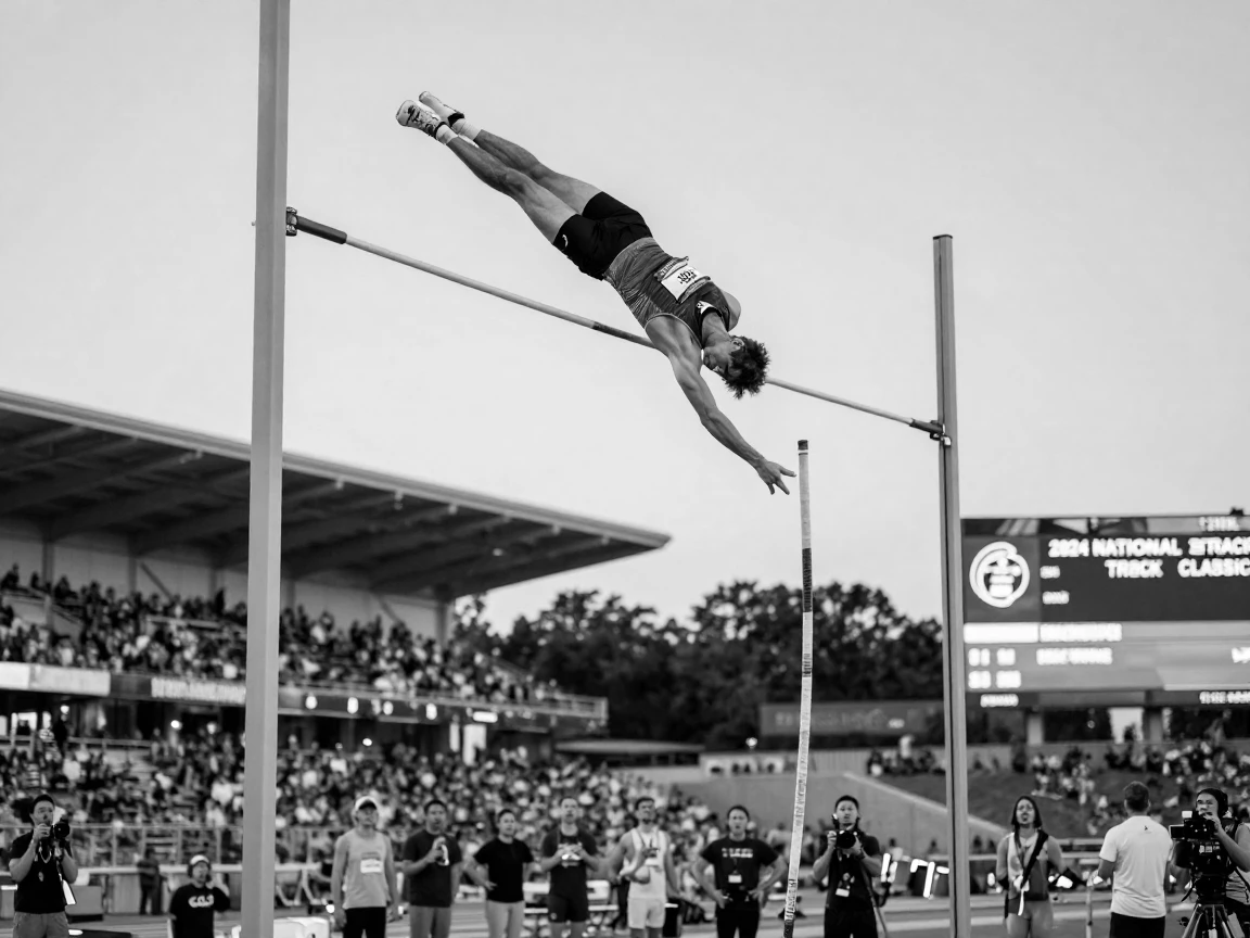 A pole vaulter soars over the bar at a track meet before a cheering crowd.