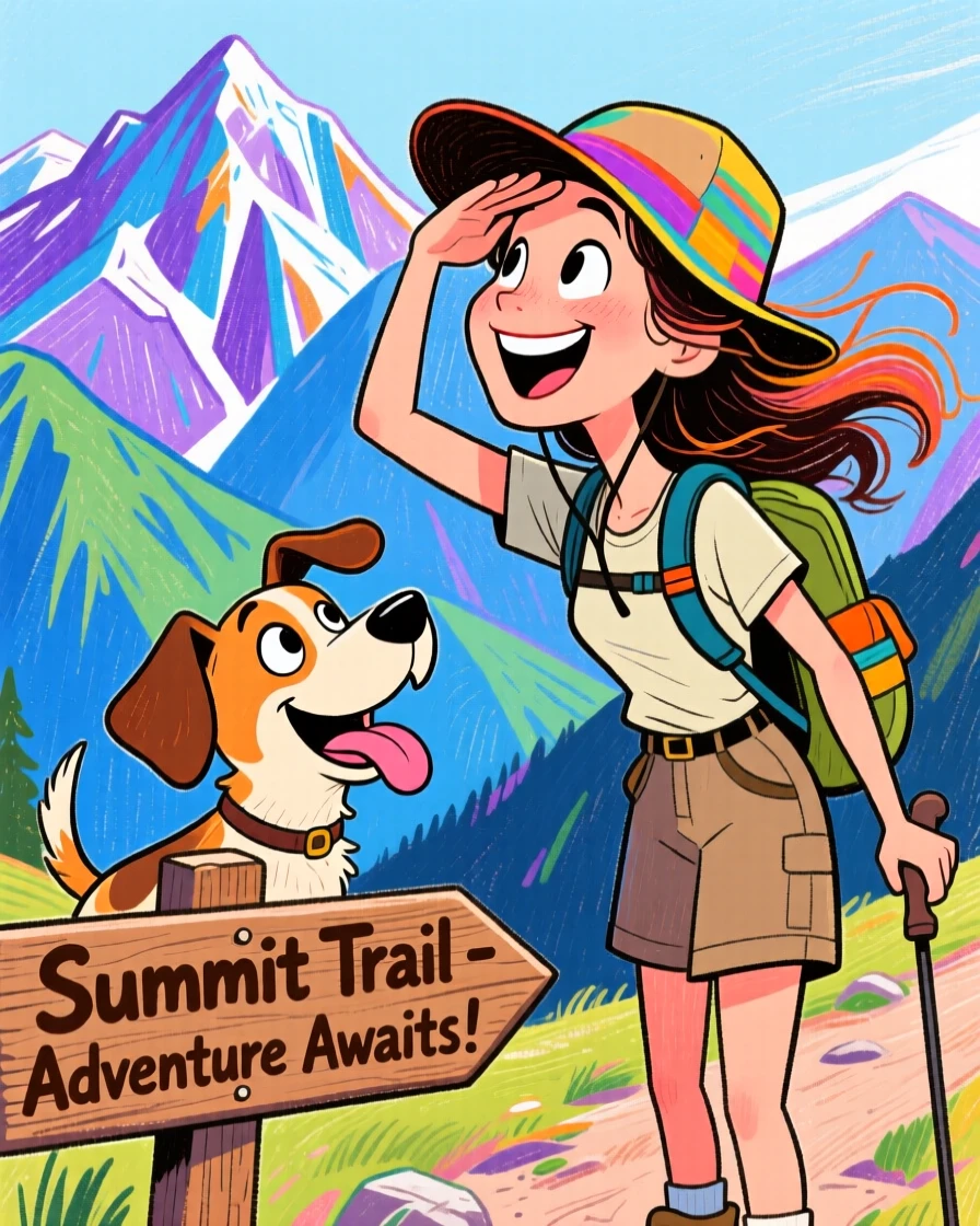 A woman hiking with her dog, both pausing to admire a scenic mountain view.