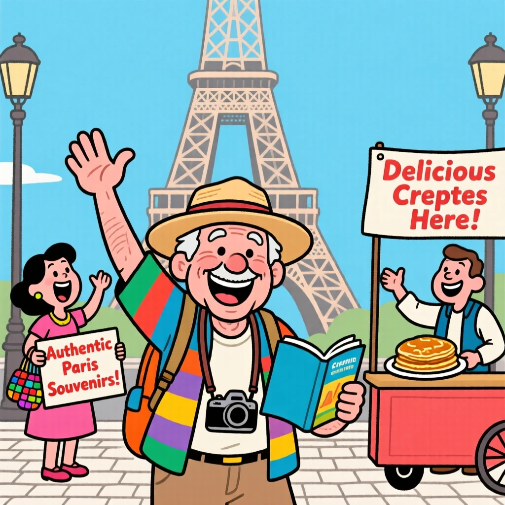 An iconic travel scene featuring an adventurous retiree posing joyfully in front of the Eiffel Tower, as street vendors call out cheerfully nearby.