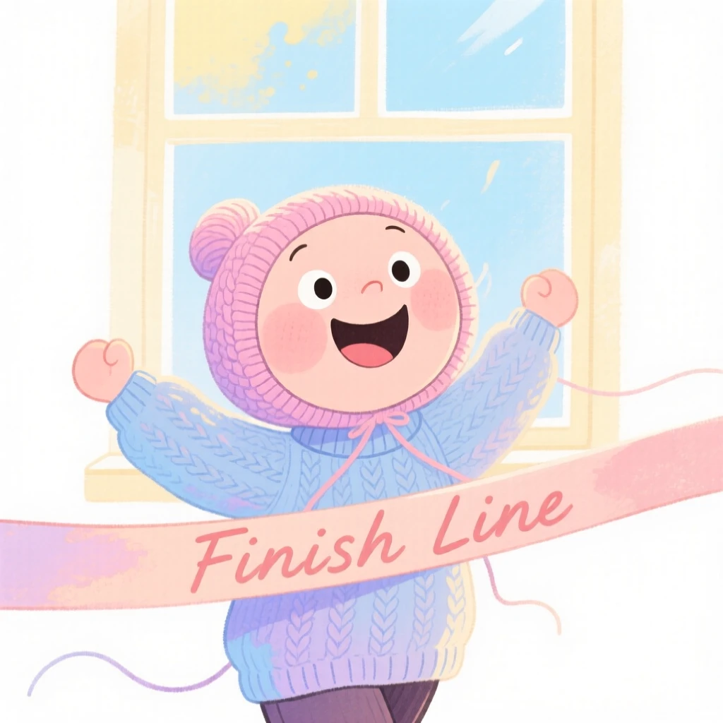 A knitter by a window crossing the finish line with a joyful smile