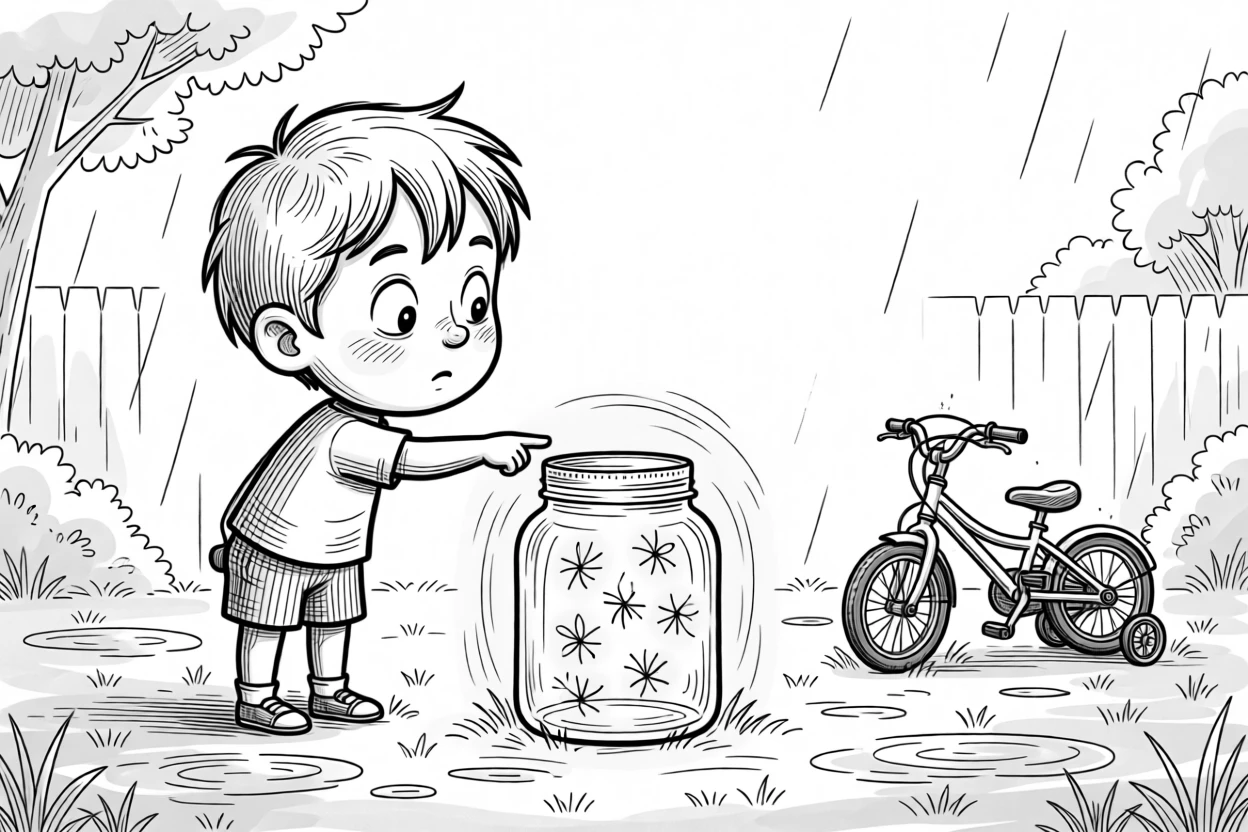 A child staring in wonder at a jar of fireflies, reaching a tentative finger toward the glowing jar, set in a backyard after a summer rainstorm. A tiny bicycle with training wheels waits nearby. It feels like a cherished memory frozen in time.
