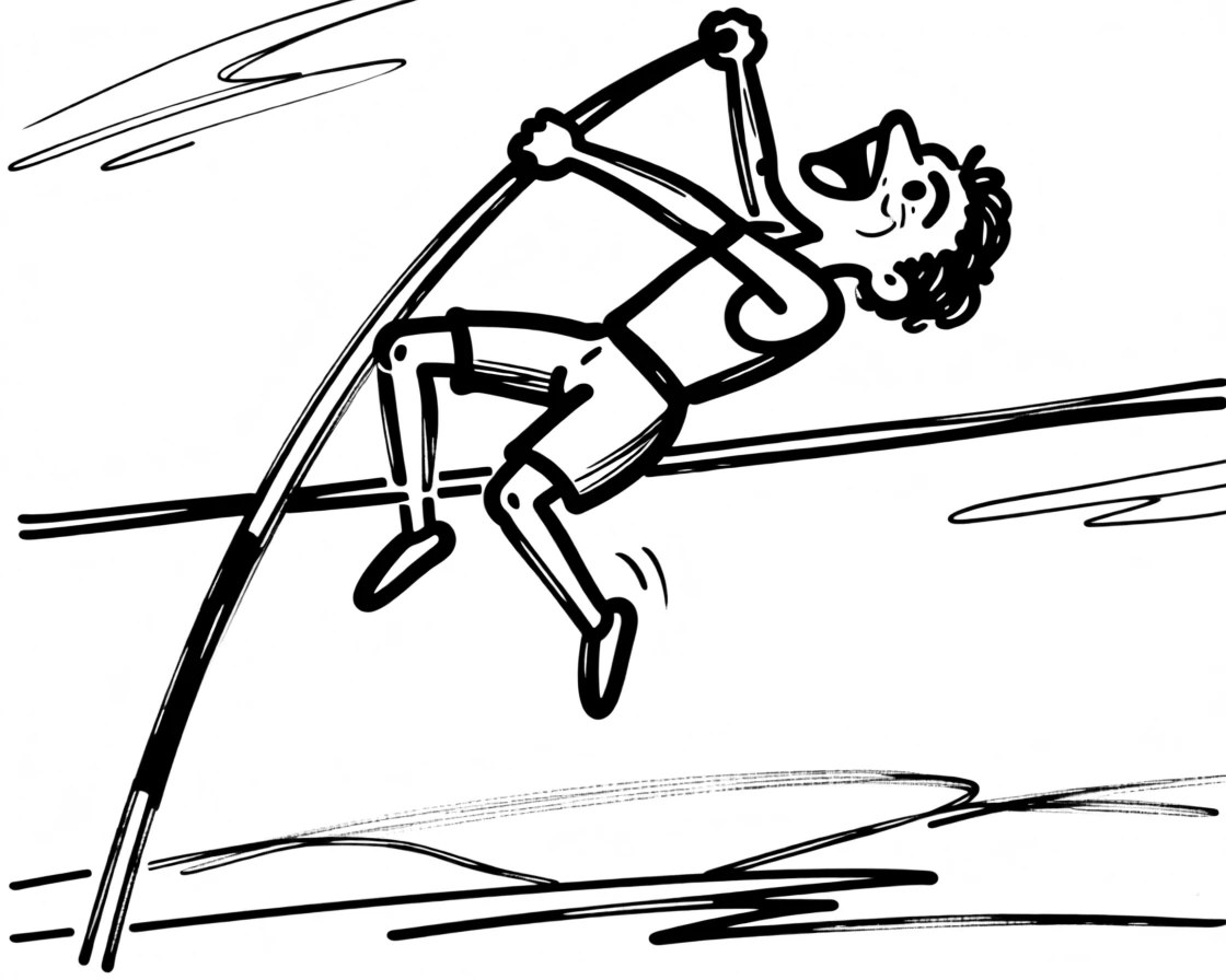 A pole vaulter soaring gracefully over the bar against a clear blue sky.
