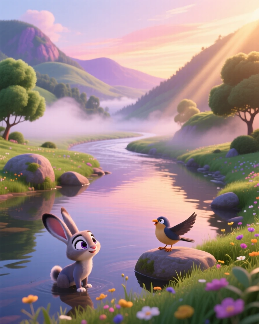 A winding river valley glows while a soft mist rolls gently across the ground, with reflections shimmering perfectly on the water's surface. The atmosphere feels fresh, alive, and untouched.