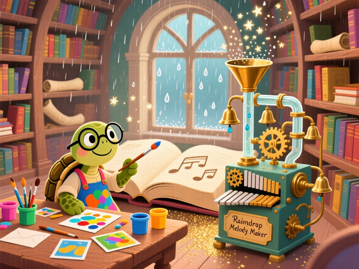 A turtle who paints postcards delights in inventing a machine that turns raindrops into music, tucked within a library built inside an enormous book, as gentle sparkles settle over the scene.