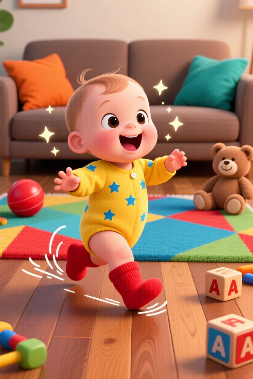 A toddler taking their very first steps across a living room floor.