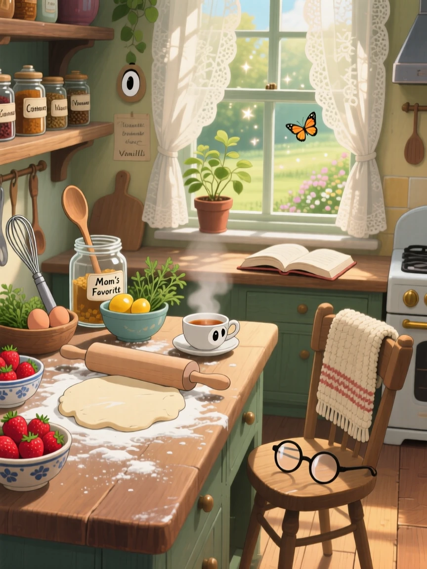 A warm, inviting scene of a kitchen counter dusted with flour mid-baking, surrounded by the comforting clutter of a well-loved kitchen.