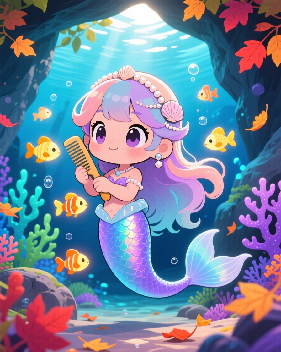 Full-body shot: a mermaid princess, combing a school of glowing fish like pets, set against a bioluminescent underwater cave with autumn leaves swirling around, with dappled sunlight through a canopy and a mood of quiet contentment.