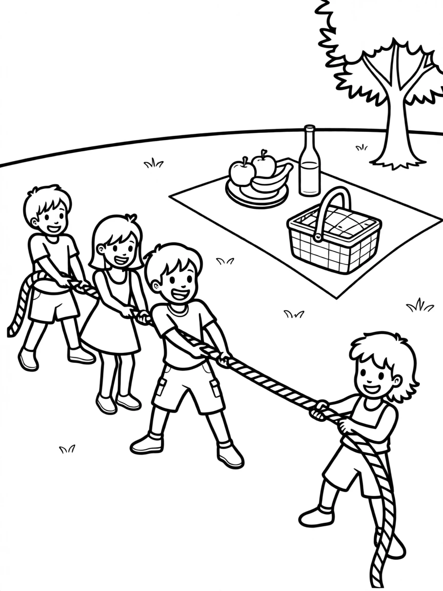 A group of kids playing tug of war at a summer picnic