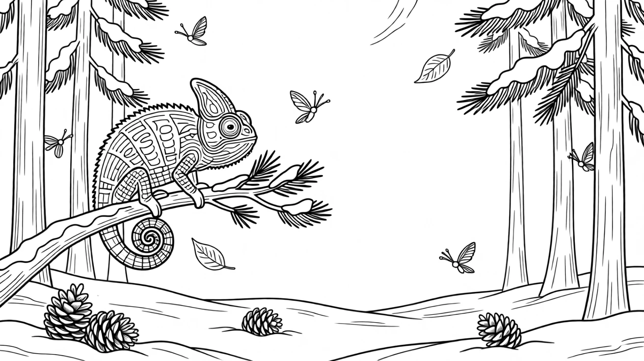 A horned chameleon emerging from a snowy pine forest, surrounded by fireflies and drifting leaves.