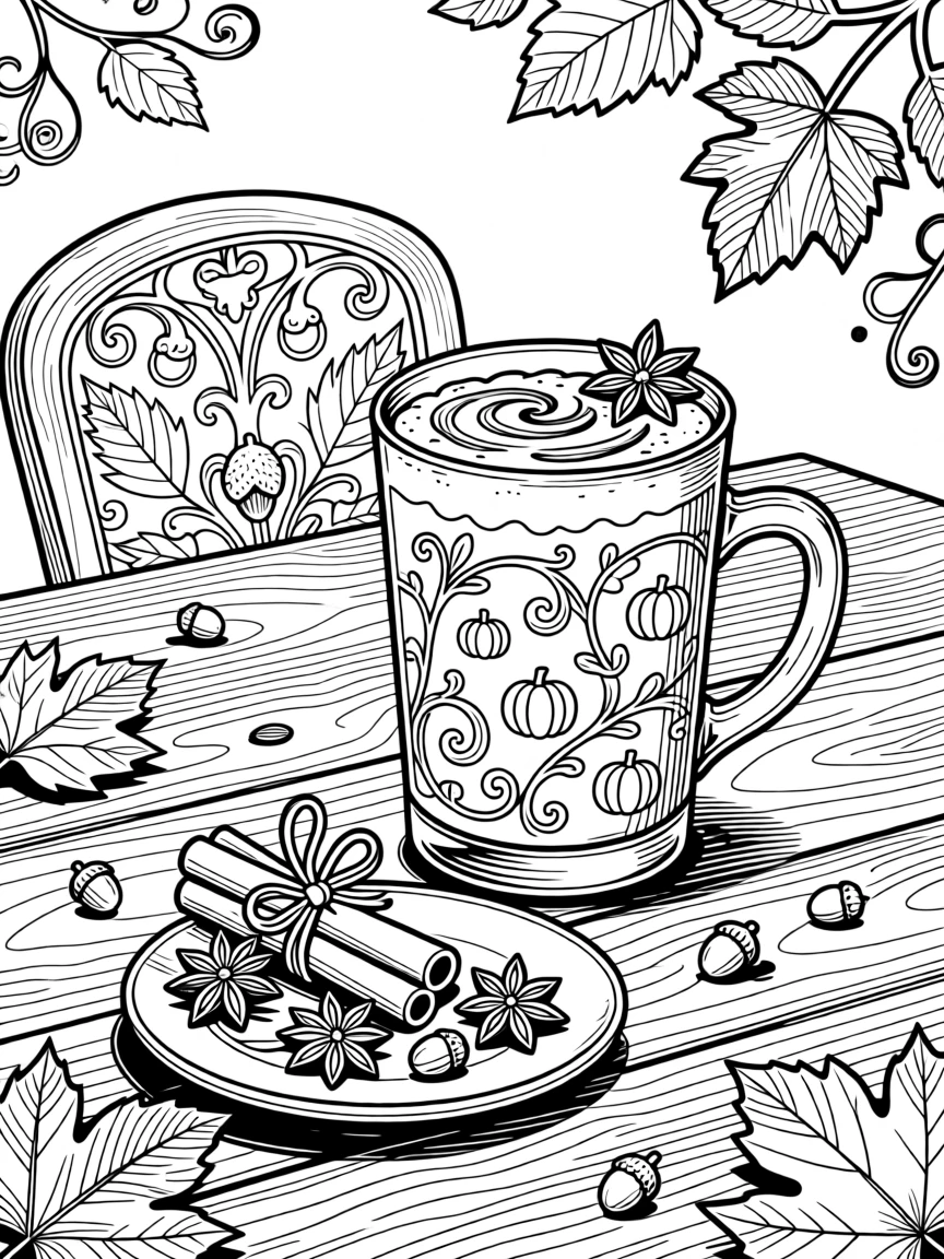 A cozy spiced pumpkin latte scene beside an autumn-leaf-strewn table.