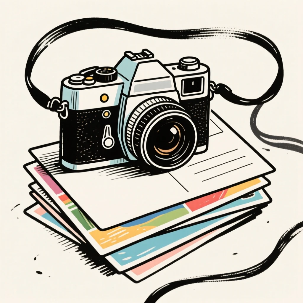 An old-fashioned camera resting on a stack of travel postcards.