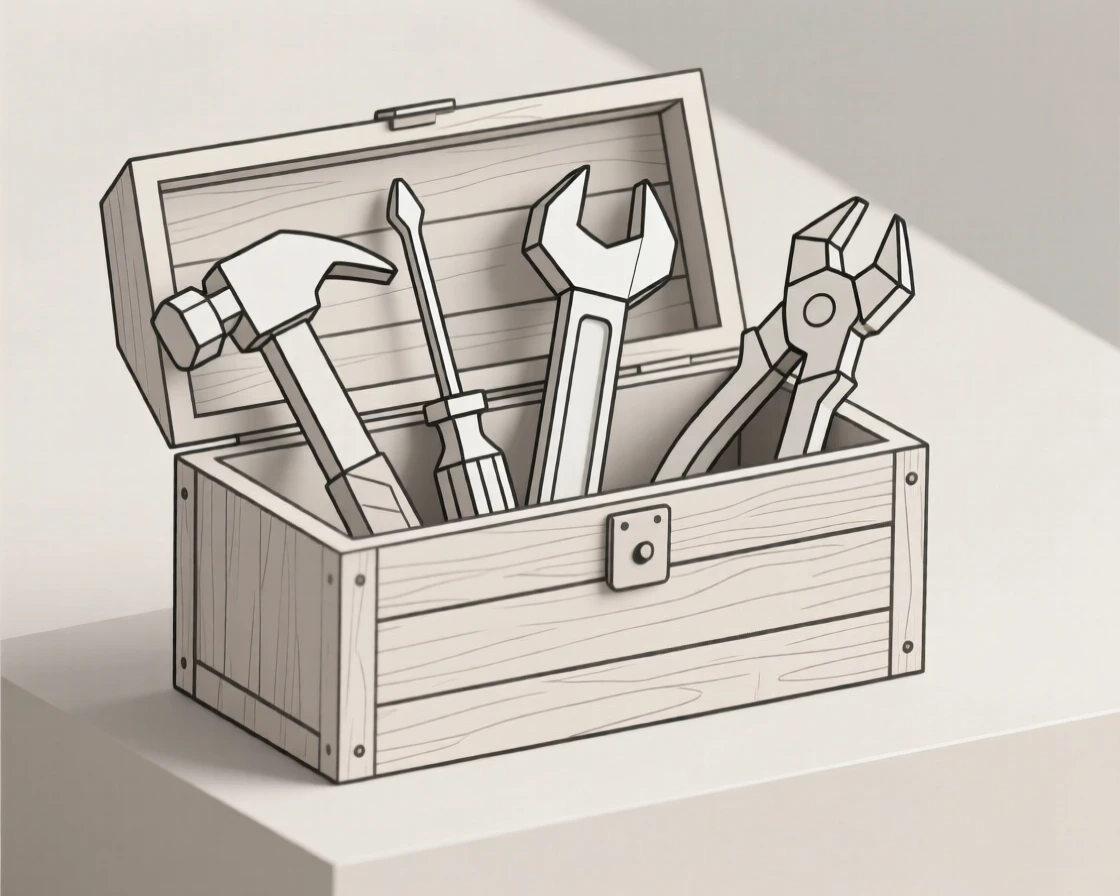 A wooden toolbox filled with hand tools