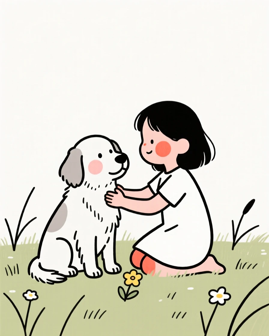 A young girl with a loyal old dog, in a sunlit meadow.