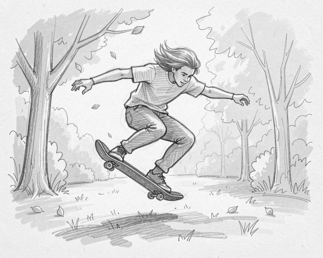 A dynamic action shot of a skateboarder catching air at a sunlit park in a peaceful garden studio, with motion frozen in a dramatic instant.