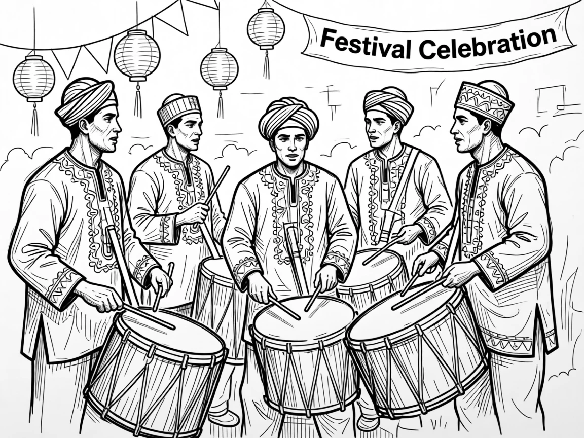 A group of drummers performing a traditional rhythm during a festival celebration.