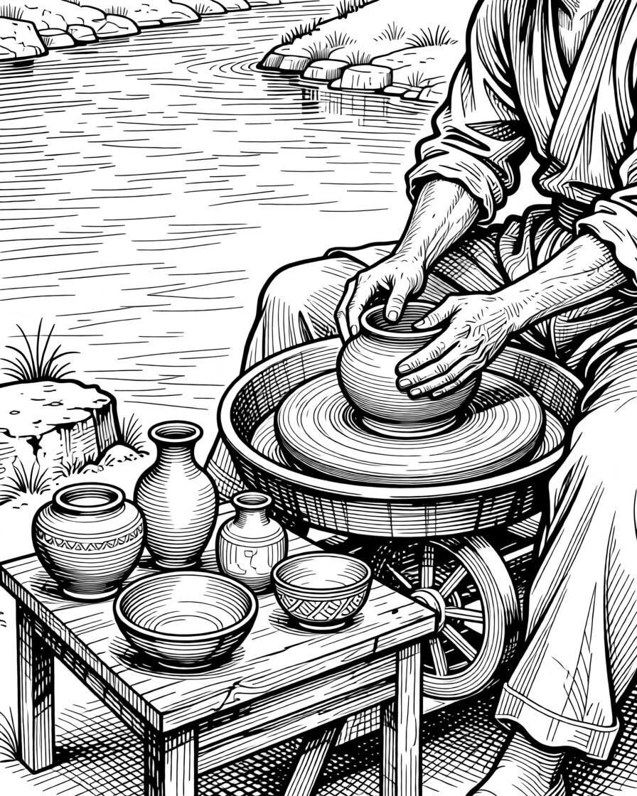 A potter shaping clay at a traditional wheel beside a river that has flowed for generations, with goods and wares displayed with pride, portrayed in a rich with history historical scene.