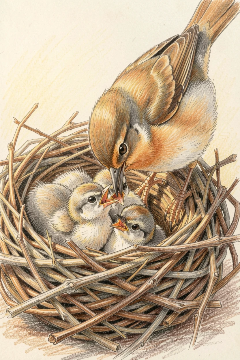 A mother bird feeding her chicks in a nest of woven twigs, with soft, natural light bringing warmth to every detail, perfect for anyone drawn to gentle, heartfelt imagery.