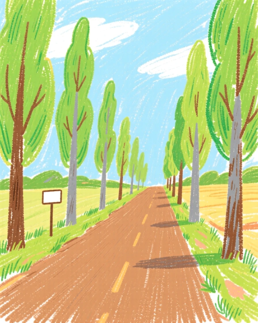 A quiet countryside road lined with tall poplar trees.