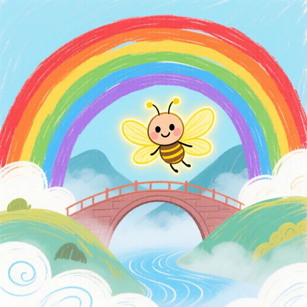 A glowing firefly sprite beside a rainbow bridge over a misty valley.