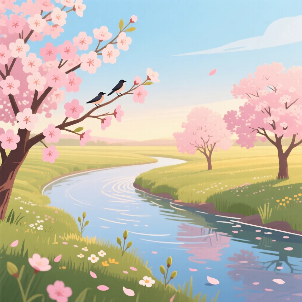 A field of blooming spring cherry trees along a quiet river, surrounded by warm or cool seasonal tones, composed with a calm, seasonal simplicity, with charming small details that evoke the season perfectly.
