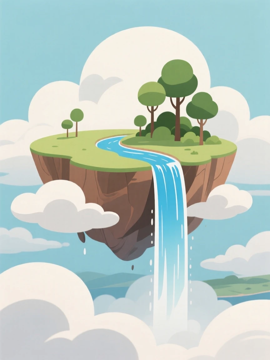 A floating island with waterfalls cascading into the clouds below.