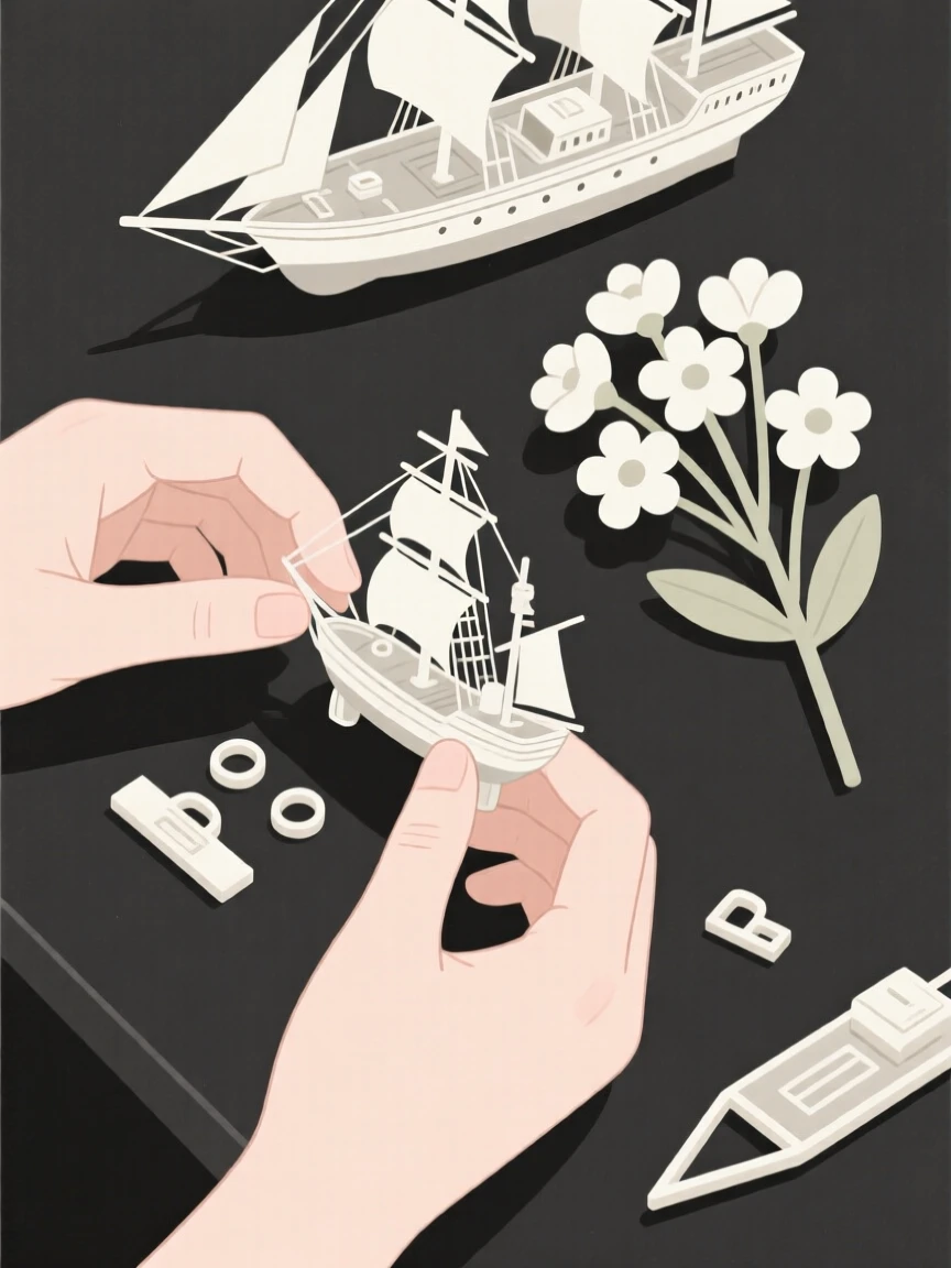 A close view of hands building a model ship near fresh cut flowers in a quiet backyard, full of mindful patience.