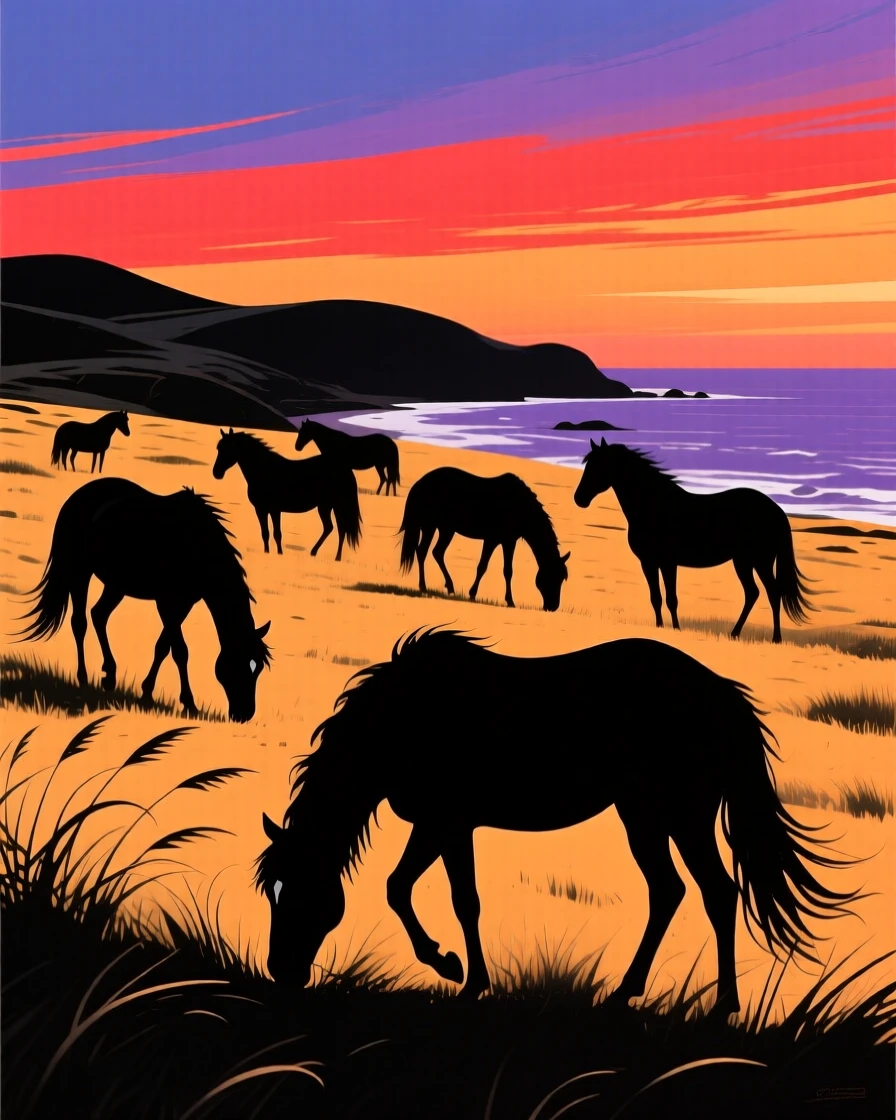 A herd of wild ponies grazing on a windswept coastal moor.