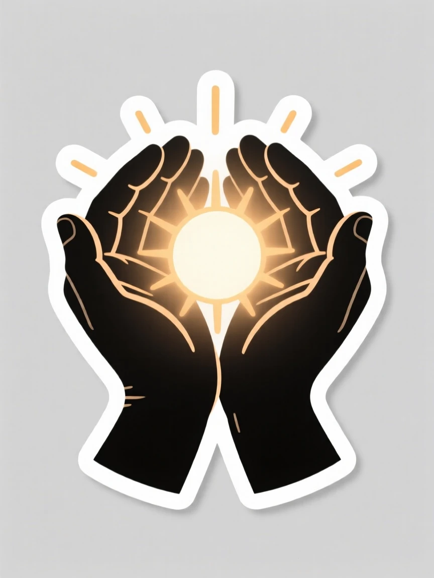A softly triumphant scene of a pair of hands cupped around a small glowing light, framed by soft rays of morning sun, capturing a moment of pure hope.