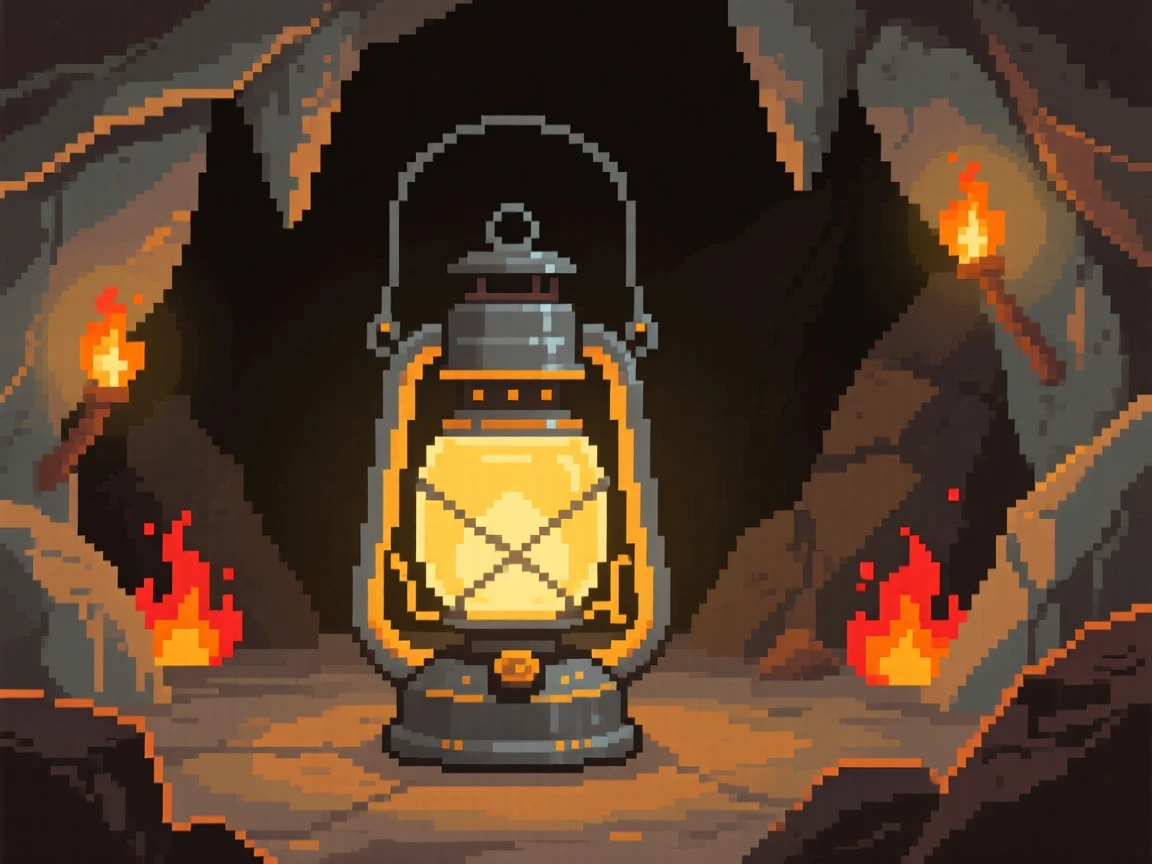A glowing magic lantern glowing softly in a dark room, within a cave lit by torchlight.