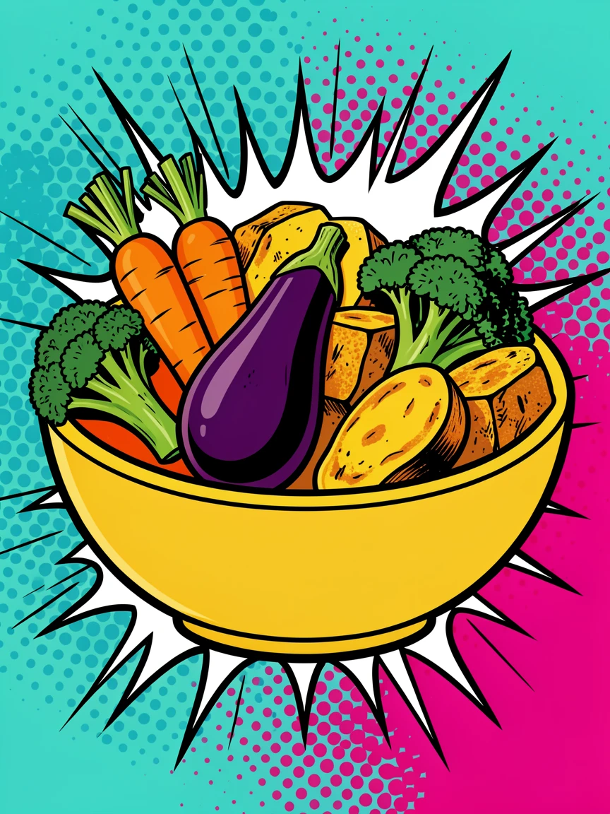A bowl of elaborate Buddha bowl with roasted vegetables