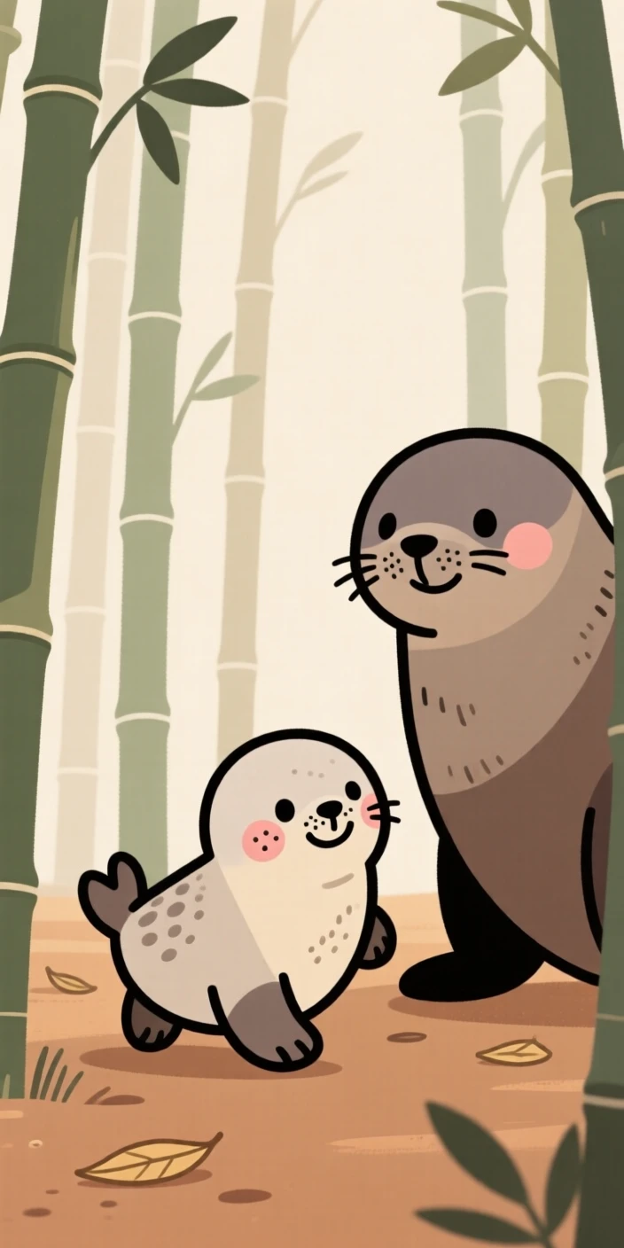 A small seal pup explores a bamboo grove for the first time, taking wobbly first steps while a nearby mother watches with gentle patience.