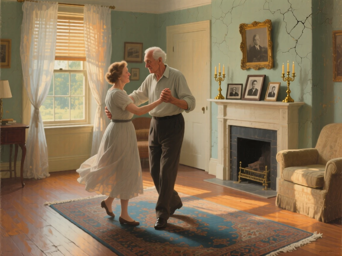 A medium shot of an elderly couple dancing slowly in their living room, just after sunrise, in a soft summer breeze.