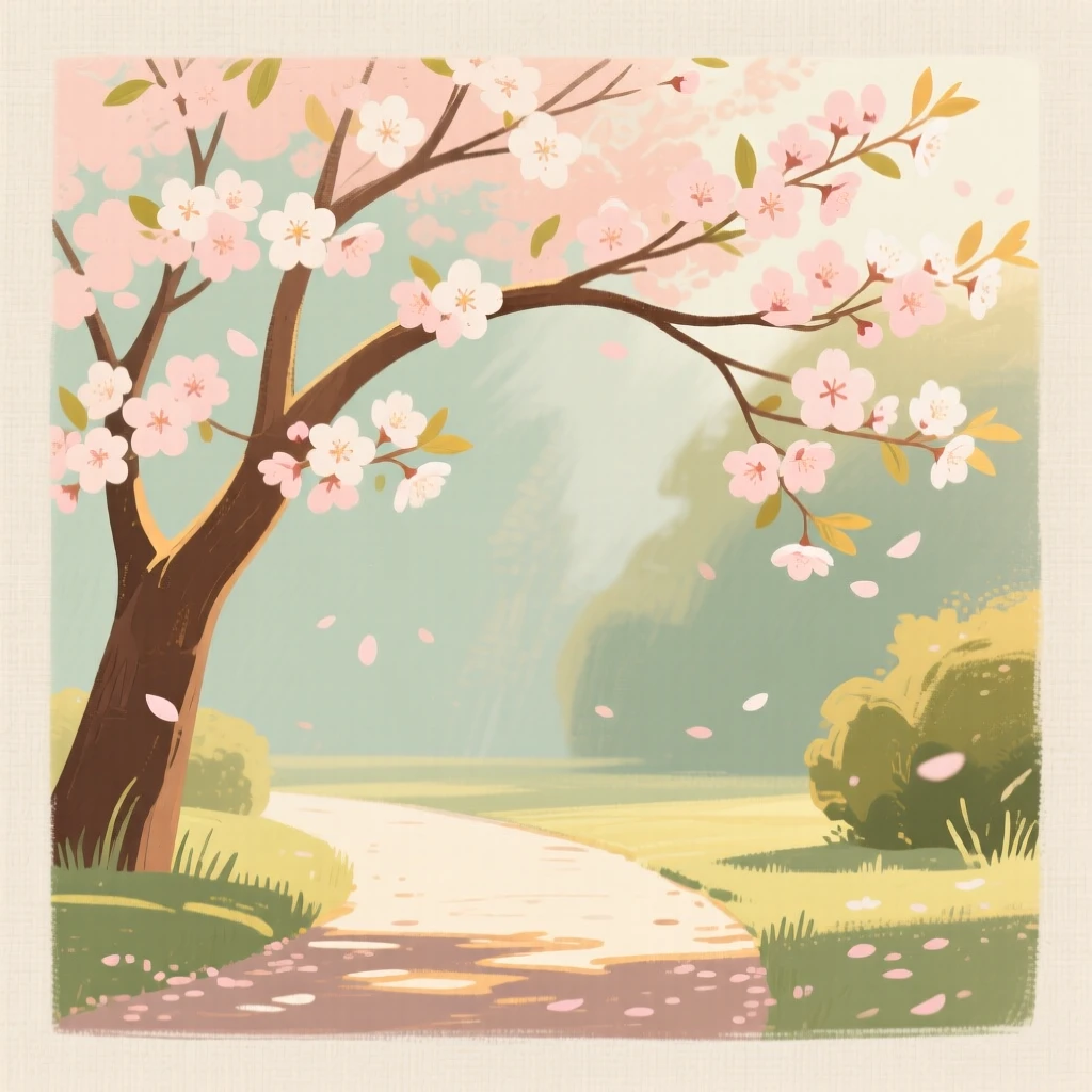 A cherry blossom tree in full bloom over a quiet garden path