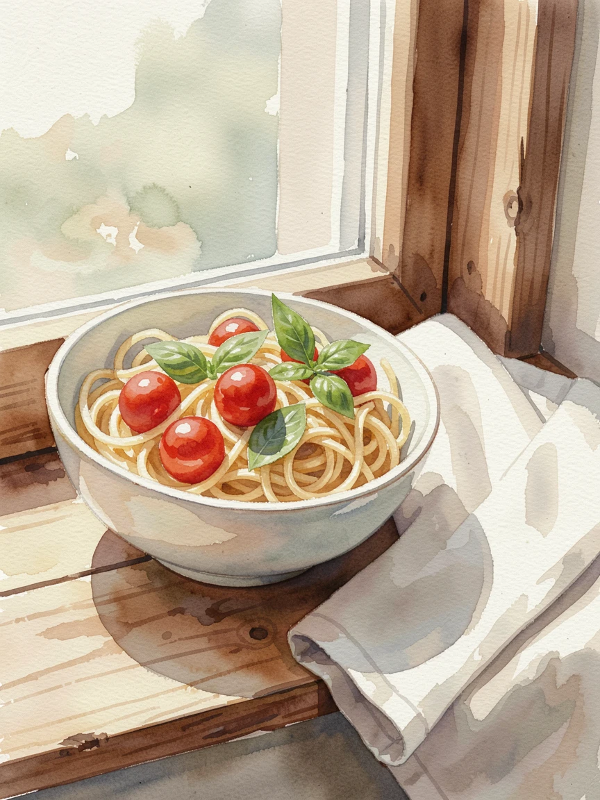 A bowl of pasta with fresh basil and tomatoes on a windowsill with morning light beside a folded linen napkin.