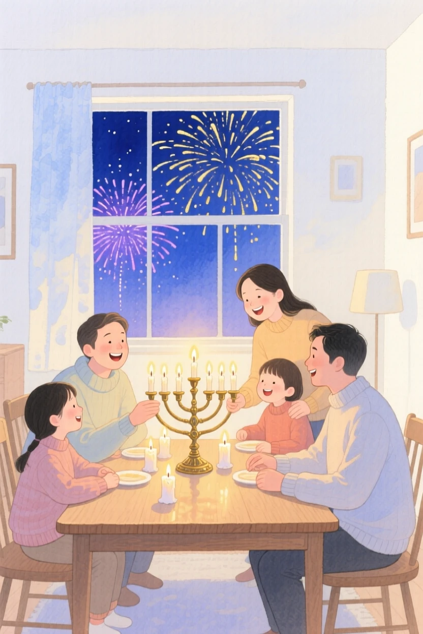 A joyful scene of a cozy Hanukkah evening, beneath a sky full of fireworks, capturing the warmth of the celebration