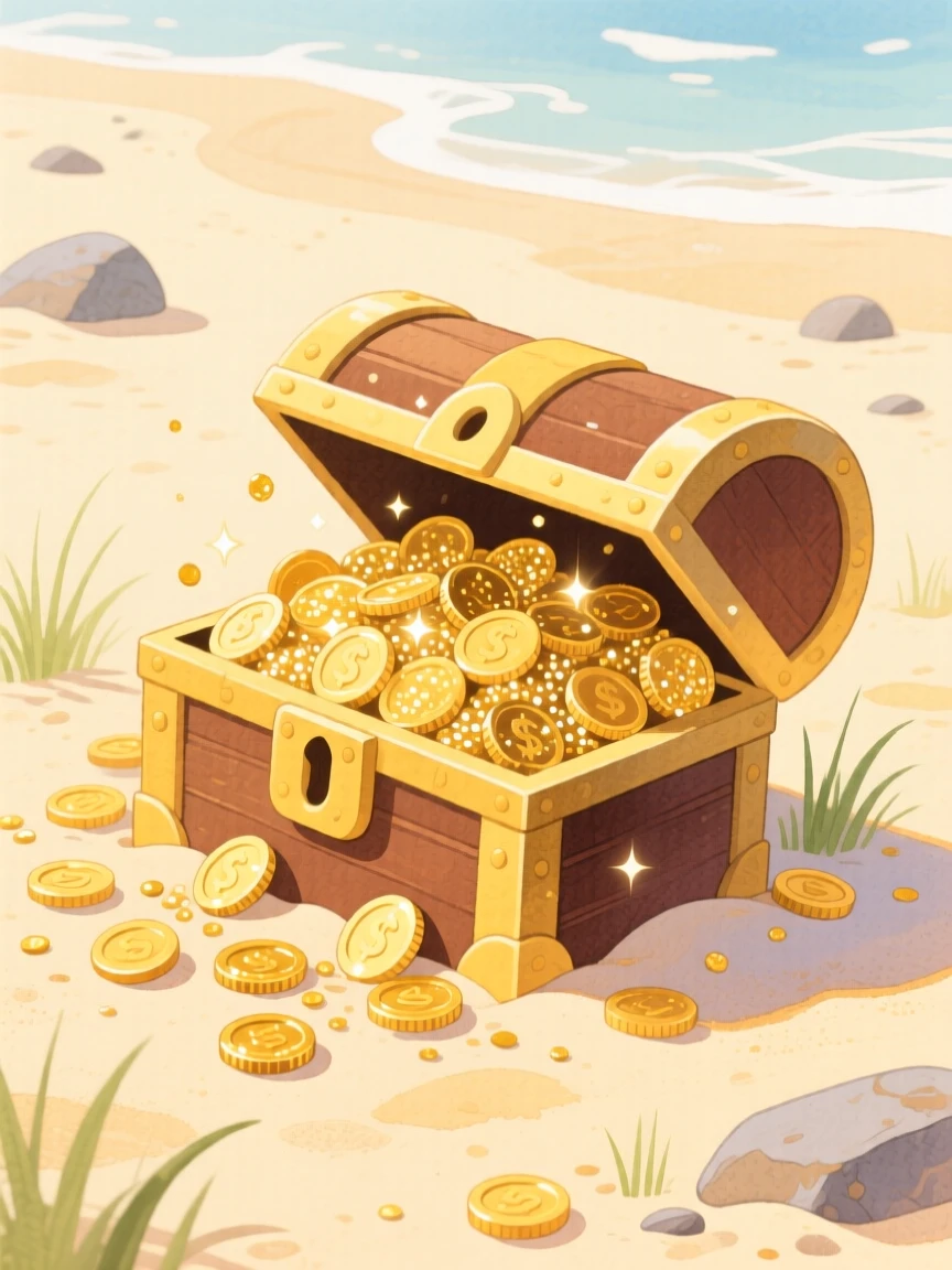 An adventurous scene of a chest of glittering gold coins half-buried in sand.