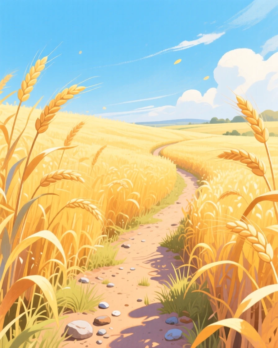 A golden wheat field rippling in the summer wind, with a winding dirt path disappearing into the distance, radiating natural splendor and tranquility.