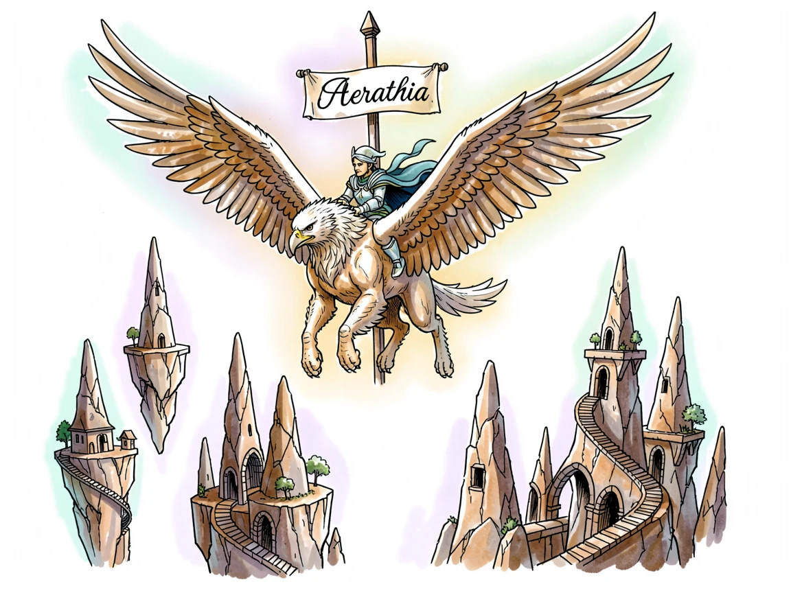 A griffin rider soaring above a kingdom of floating stone spires, a soft magical glow illuminating the entire scene.