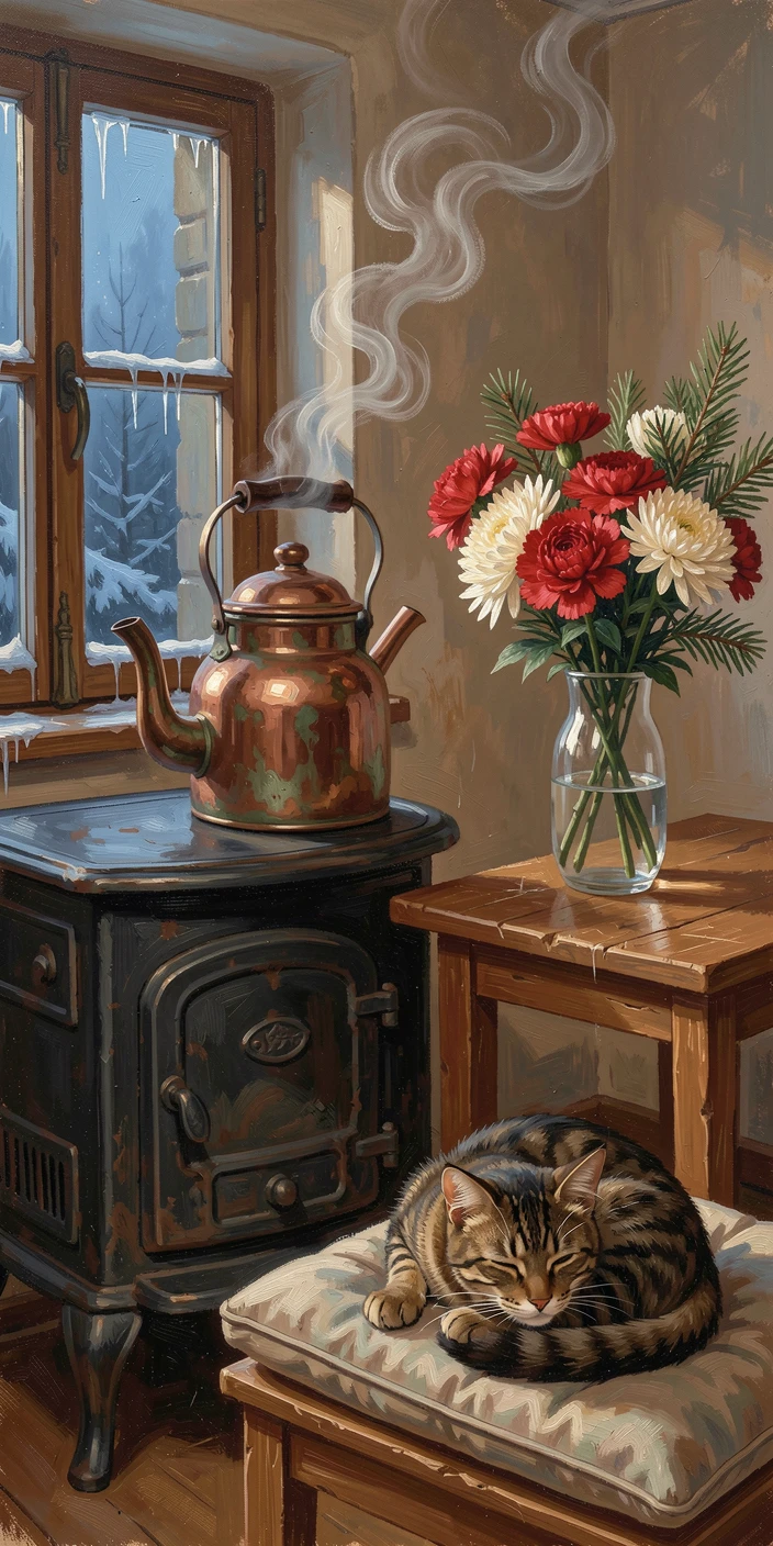 With a steaming kettle resting on an old iron stove, a still life of fresh flowers beside an open window, a cat curled contentedly on a cushion, during a cozy winter evening.