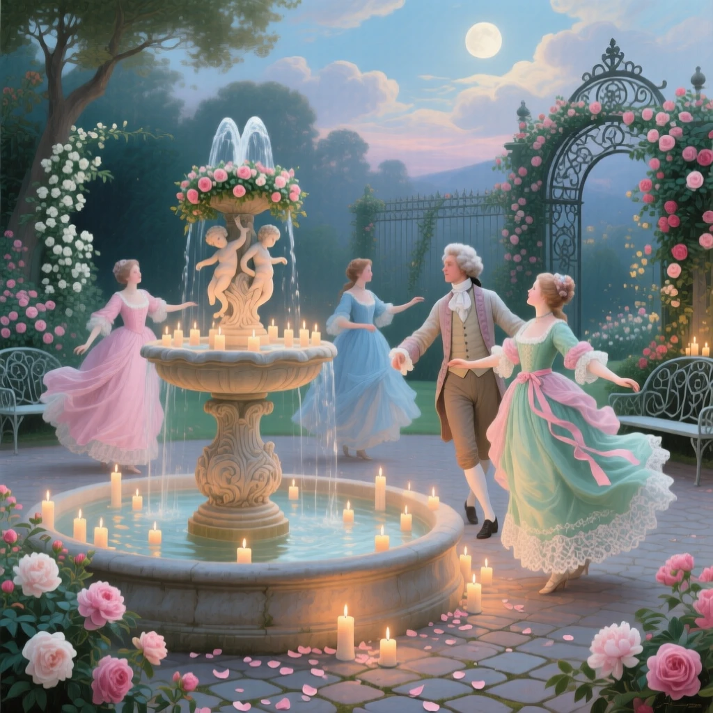 A midsummer dance around a fountain covered in floating candles  